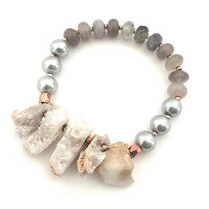 White Druzy Blue Chalcedony Pearl Stretch Bracelet